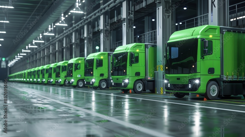 Fleet of zero-emission logistics trucks in highbay storage, eco-friendly transportation concept, raw and professional, detailed view Fleet of zero-emission logistics trucks in highbay storage, eco-friendly transportation concept, raw and professional, detailed view