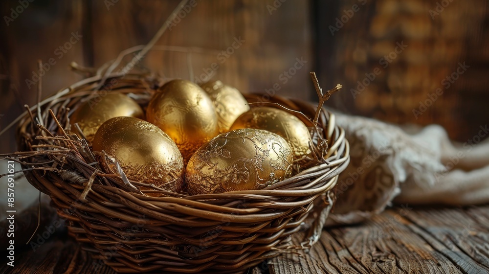 Golden chocolate eggs nestled in a woven basket, stunning display, luxurious and detailed, raw texture, elegant setup Golden chocolate eggs nestled in a woven basket, stunning display, luxurious and detailed, raw texture, elegant setup