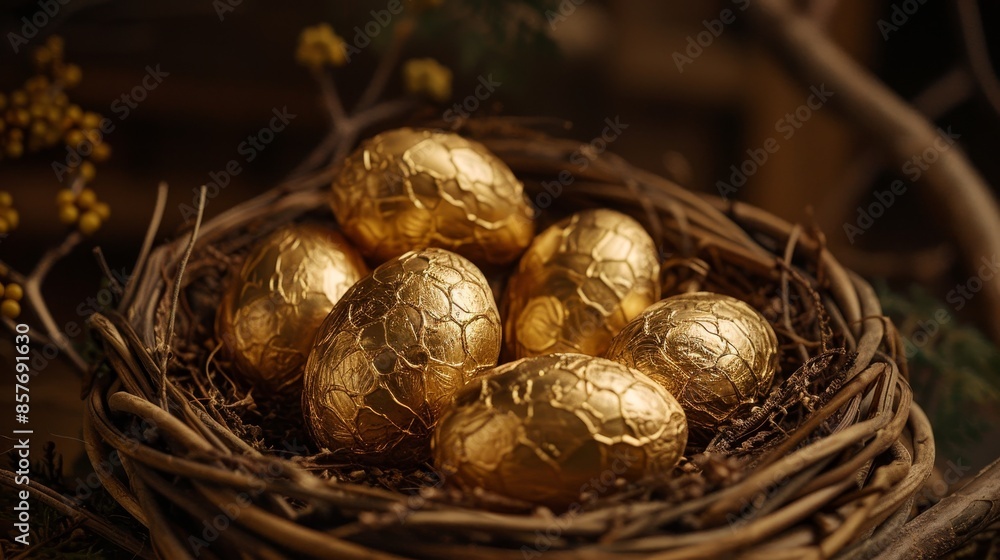 Golden chocolate eggs nestled in a woven basket, stunning display, luxurious and detailed, raw texture, elegant setup Golden chocolate eggs nestled in a woven basket, stunning display, luxurious and detailed, raw texture, elegant setup