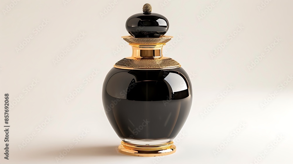 An elegant fragrance bottle made from black glass with a gold lid and fittings against white An elegant fragrance bottle made from black glass with a gold lid and fittings against white