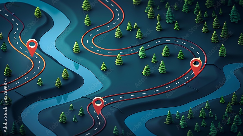 Isometric vector illustration of a winding road with map pins ...