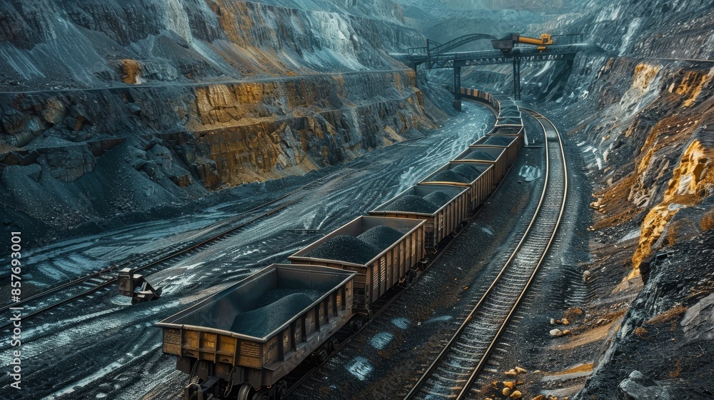 Fototapeta premium Loaded coal wagons on railway tracks, mined ore being transported, industrial backdrop, raw style, detailed and rugged