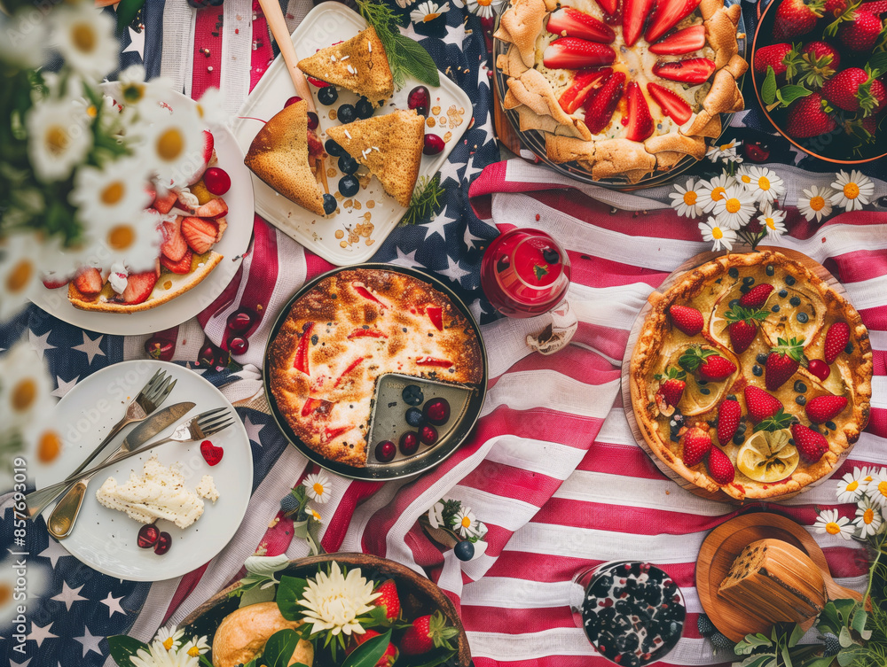 Fototapeta premium Patriotic family picnic with American flag-themed food and decor, joyful and festive Fourth of July 