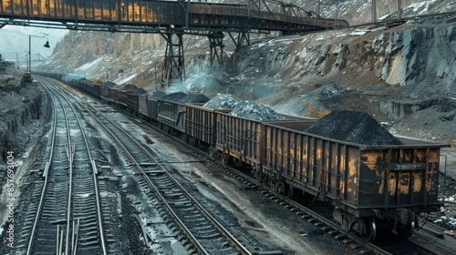 Loaded coal wagons on railway tracks, mined ore being transported, industrial backdrop, raw style, detailed and rugged