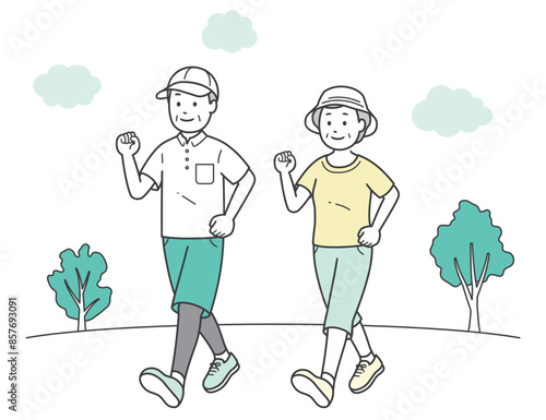 公園でウォーキングする高齢男女の全身イラスト