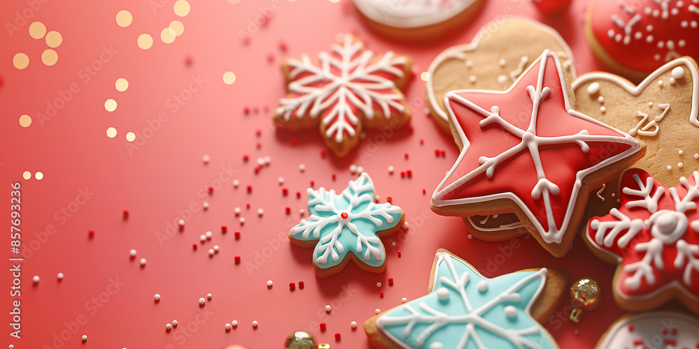Schöne bunte Weihnachtskekse auf Tisch ausgelegt Schöne bunte Weihnachtskekse auf Tisch ausgelegt