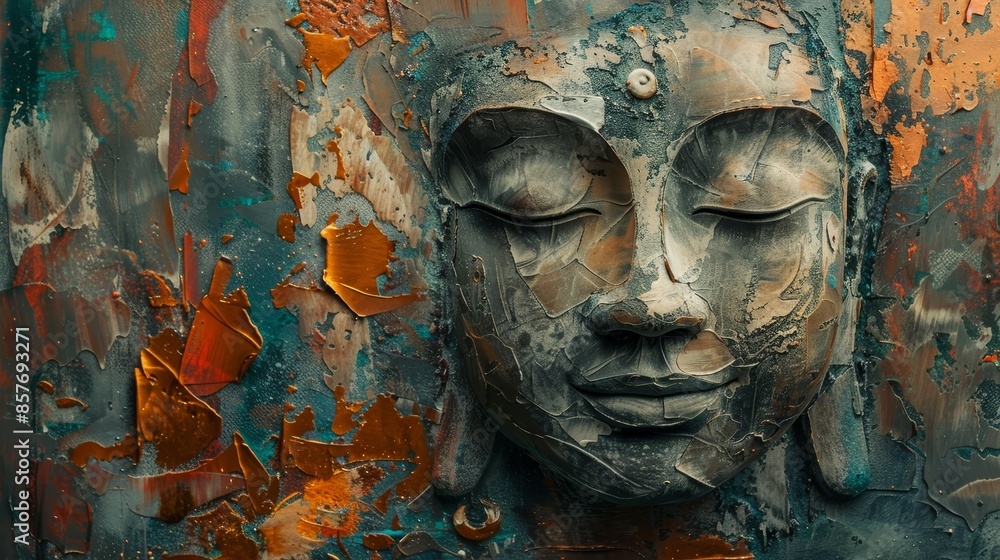Meditative Buddha face in abstract oil painting, rich textures on background, calm and peaceful vibe, raw and detailed Meditative Buddha face in abstract oil painting, rich textures on background, calm and peaceful vibe, raw and detailed