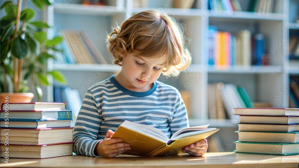 Focused Child Studying with Books: A focused child sitting with books, engrossed in studying.
Focused Child Studying with Books: A focused child sitting with books, engrossed in studying.