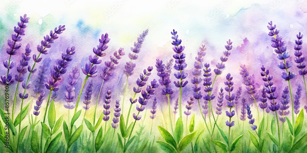 Obraz premium Watercolor of purple lavender flowers and green leafs in a garden field, watercolor,lavender, flowers, garden, field, purple, green, leafs, nature, botanical, peaceful, serene, tranquil