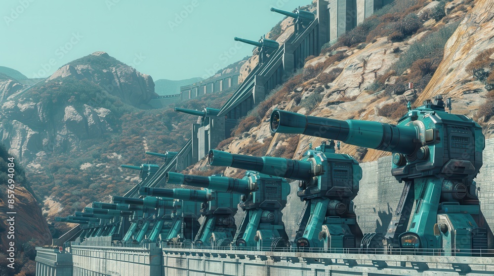 Fototapeta premium Great Wall cannons strategic placement theme front view Strategic cannon placement, futuristic tone Analogous Color Scheme