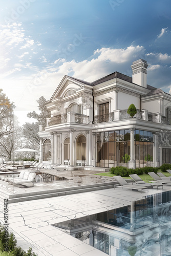 3D rendering of a luxurious villa contrasting with a technical draft photo