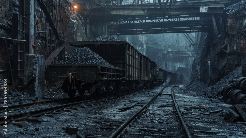 Mined coal loaded in dark railway wagons, transport scene, gritty and raw, showing industrial machinery and tracks