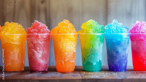 Rainbow of Kool-Aid slushies, each cup filled with icy, colorful drink, designed to cure thirst quickly, raw and vivid textures