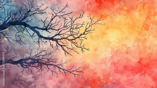 Mesmerizing watercolor sunset with dry tree branches silhouetted against a vibrant sky, perfect for a creative banner with ample copy space