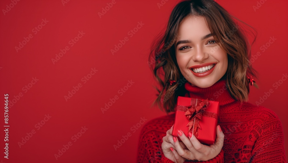 A happy woman holding a red gift box against a red background reflects a festive holiday spirit, celebratory mood, joyful expression, and the joy of happy moments with the perfect gift A happy woman holding a red gift box against a red background reflects a festive holiday spirit, celebratory mood, joyful expression, and the joy of happy moments with the perfect gift