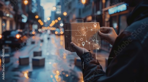 Online courier service tracking, with a detailed map and highlighted delivery paths, showcasing shipping locations, raw and precise