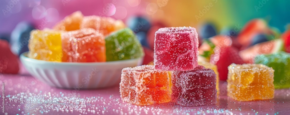 Artistic shot of cannabis hard candies with a topping of edible glitter and a small bowl of fruit, set against a vibrant background Cannabis Hard Candies, elegant chew Artistic shot of cannabis hard candies with a topping of edible glitter and a small bowl of fruit, set against a vibrant background Cannabis Hard Candies, elegant chew