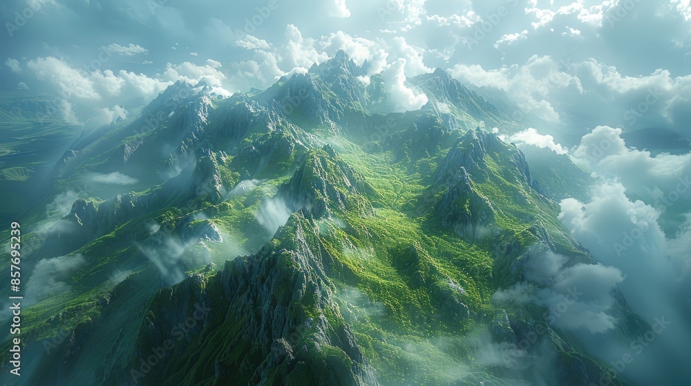 Obraz premium Aerial view of misty green mountains, ideal for nature, travel, and adventure content
