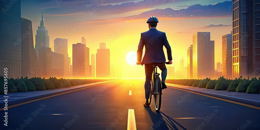 Businessman wearing helmet riding bicycle on a long road in the city at sunset , business, cycling, urban, transportation, safety, helmet, commute, cityscape, sunset, road, exercise Businessman wearing helmet riding bicycle on a long road in the city at sunset , business, cycling, urban, transportation, safety, helmet, commute, cityscape, sunset, road, exercise