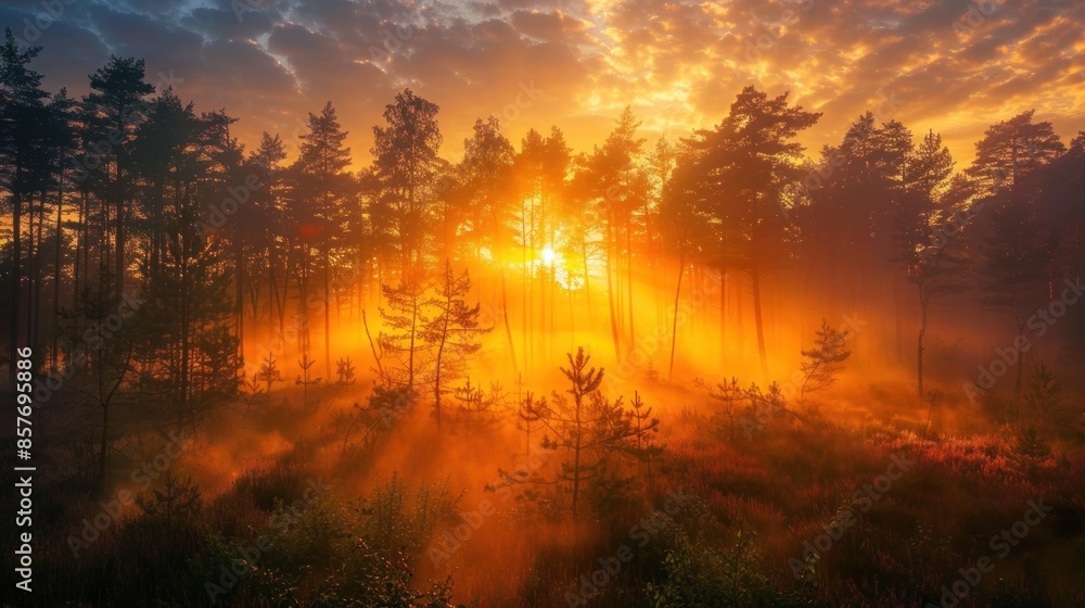 A beautiful sunrise over a forest, the trees bathed in golden light as the sun rises. The sky transitions from dark blues to warm oranges and pinks. Mist rises from the forest floor, adding a touch