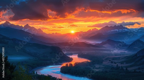 A majestic sunrise over a mountain range, the peaks bathed in golden light as the sun rises. The sky transitions from dark blues to vibrant oranges and yellows. A river winds through the valley