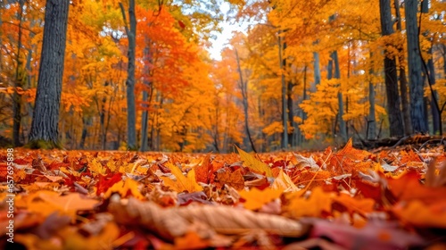 A serene landscape showcasing the beauty of autumn as leaves turn vibrant shades of orange red and yellow The crisp clear air and the golden hues of the trees create a picturesque scene perfect for