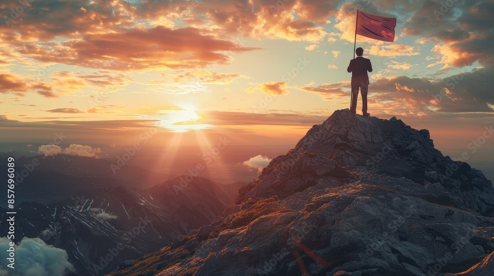 A man stands triumphantly on a mountain peak holding a flag, with a breathtaking sunset and dramatic sky in the background. A man stands triumphantly on a mountain peak holding a flag, with a breathtaking sunset and dramatic sky in the background.