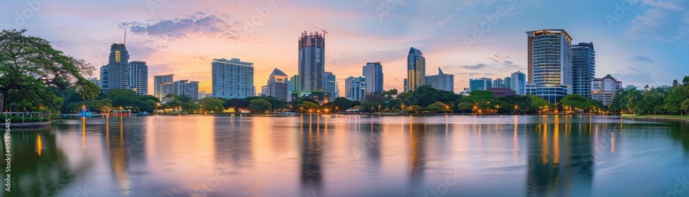Obraz premium Panoramic view of a city skyline at dusk with buildings reflecting on a calm lake in the foreground, showcasing urban architecture and serene nature.