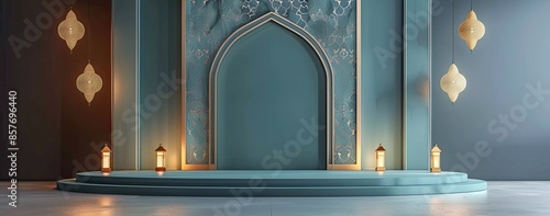 Elegant isalmic podium stage with intricate hanging lanterns and ornate arched doorways photo