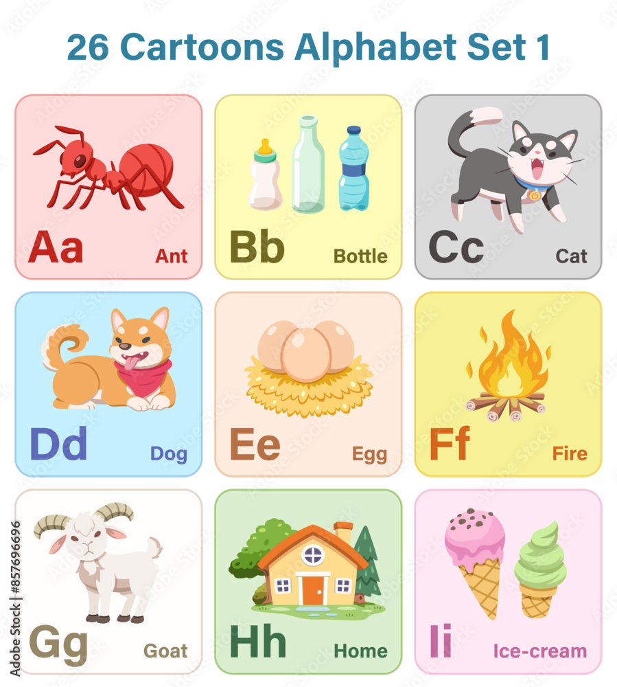 Fototapeta premium Cute English simple Alphabet set cartoon vector illustration