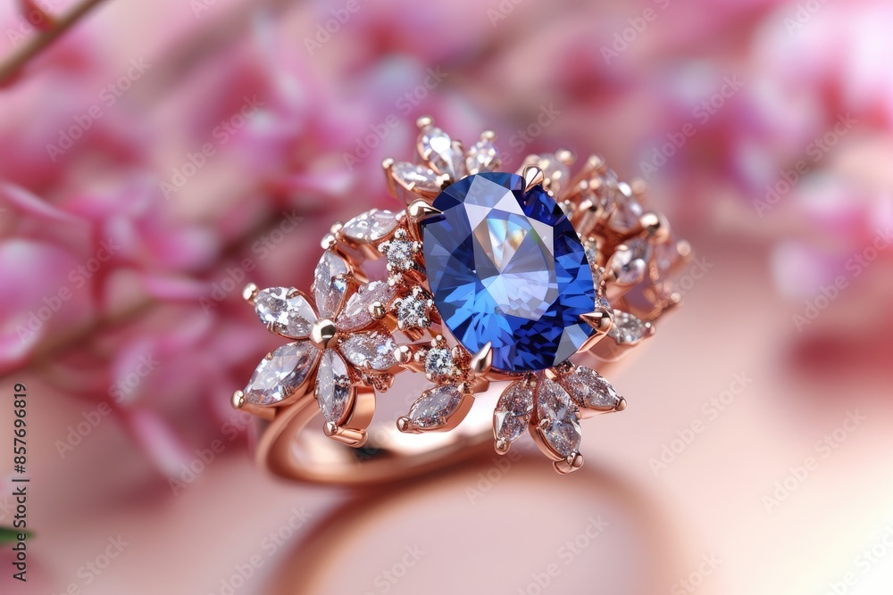 A luxurious sapphire ring with sparkling diamonds set in rose gold, showcased on a soft pink backdrop