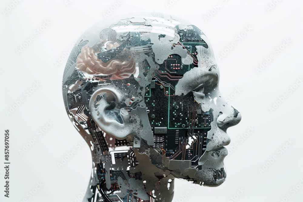Male human head with a skull and artificial electronic circuit brain, in ghost effect, side view, anatomy image on a white background Male human head with a skull and artificial electronic circuit brain, in ghost effect, side view, anatomy image on a white background