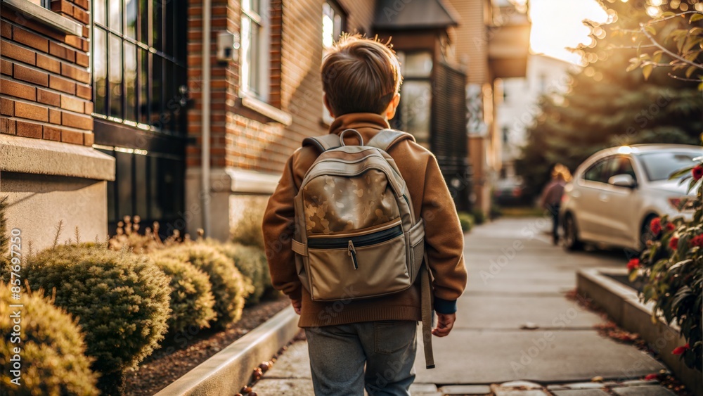 Child with Backpack Walking to School: A child walking to school with a backpack, ready for the day.
Child with Backpack Walking to School: A child walking to school with a backpack, ready for the day.