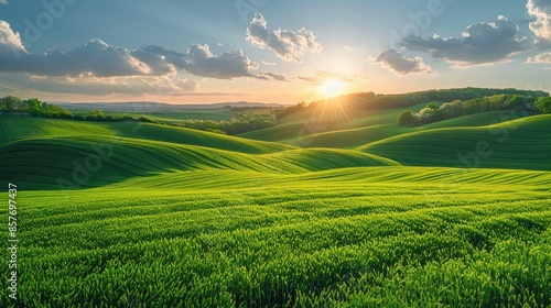 Rolling green hills bathed in sunlight under a clear blue sky, creating a vibrant and serene landscape