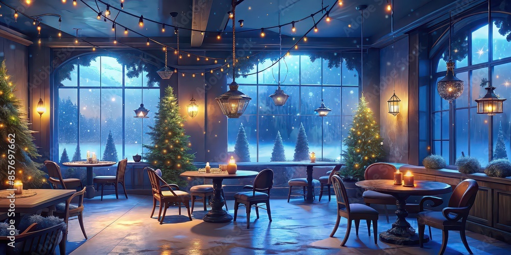 Fototapeta premium Cozy winter cafe interior with Christmas decorations , cozy, winter, cafe, interior, Christmas, decorations, festive, cozy, warm, holiday, ambiance, looped, background, seasonal, candles