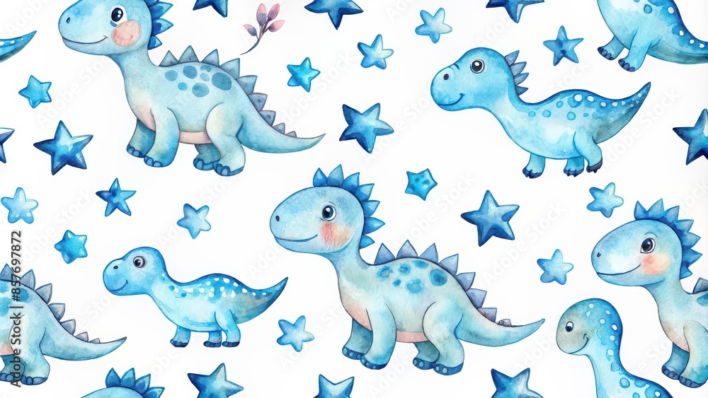 Obraz premium Watercolor blue baby dinosaur and stars seamless pattern on white background, dinosaur, baby, blue, watercolor, stars, seamless, pattern, white background, fabric, textile, wrapping