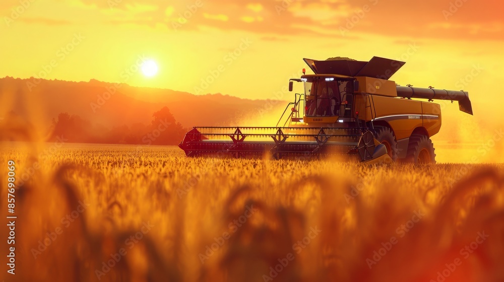 Fototapeta premium In a sprawling cornfield, a futuristic combine harvester operates autonomously, featuring advanced digital interfaces for efficient harvesting.
