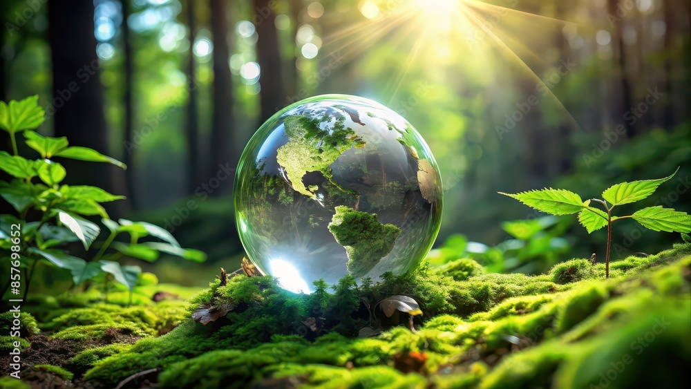 Earth crystal glass globe blending in with green leaves in a forest , nature, environment, sustainability, eco-friendly, globe, crystal, glass, forest, green, leaves, planet, earth Earth crystal glass globe blending in with green leaves in a forest , nature, environment, sustainability, eco-friendly, globe, crystal, glass, forest, green, leaves, planet, earth