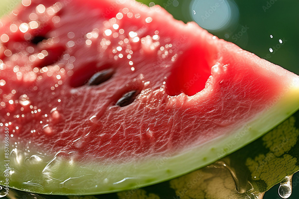 Close-up shot of a refreshing watermelon slice being bitten into, with water droplets glistening on the fruit Close-up shot of a refreshing watermelon slice being bitten into, with water droplets glistening on the fruit