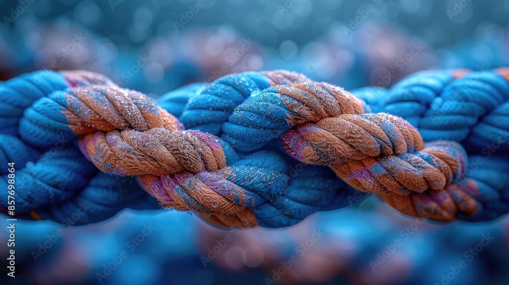 colorful intertwined ropes in shades of blue and yellow, showcasing texture and details colorful intertwined ropes in shades of blue and yellow, showcasing texture and details
