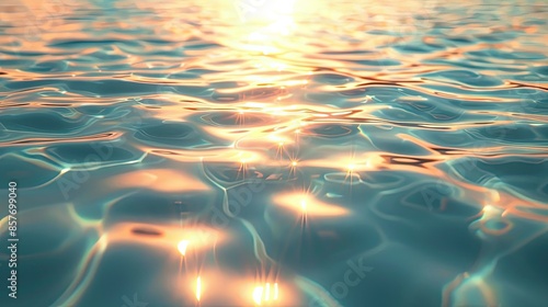 Calm ocean surface reflecting golden sunlight, creating a serene and peaceful atmosphere with gentle ripples
