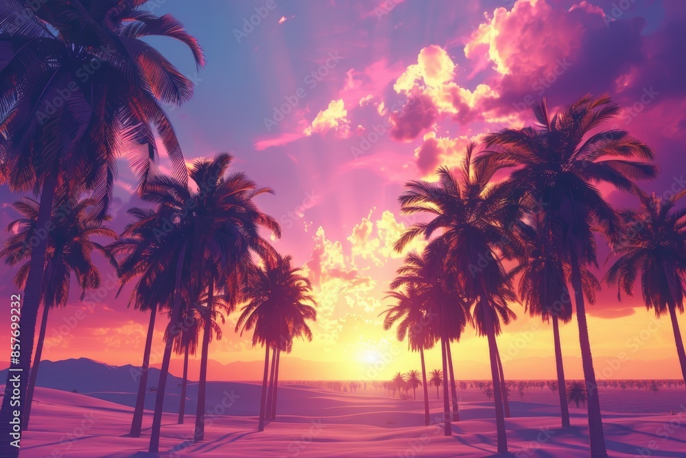Fototapeta premium Desert oasis with palm trees and a colorful sunset background