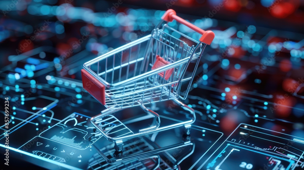 Digital shopping cart placed on a futuristic electronic circuit board, representing modern e-commerce and online shopping technology concepts. Digital shopping cart placed on a futuristic electronic circuit board, representing modern e-commerce and online shopping technology concepts.