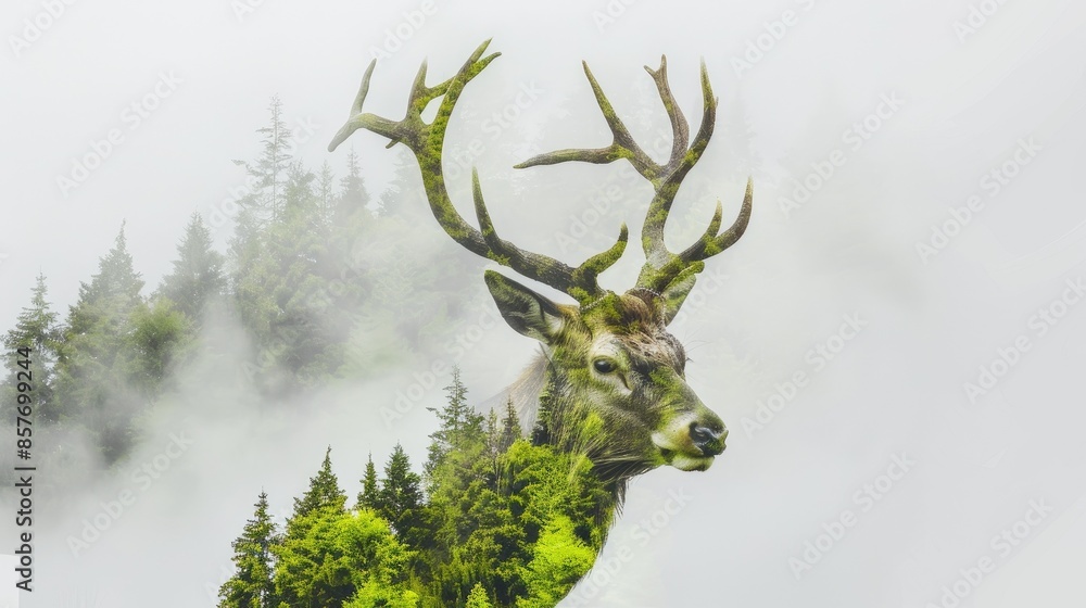 Double exposure of a majestic deer with antlers, blending with a misty forest landscape, creating a mesmerizing scene of nature and wildlife. Double exposure of a majestic deer with antlers, blending with a misty forest landscape, creating a mesmerizing scene of nature and wildlife.