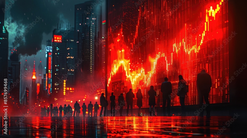 Silhouettes of people observing a large digital screen with financial data, creating a dynamic and futuristic urban scene Silhouettes of people observing a large digital screen with financial data, creating a dynamic and futuristic urban scene