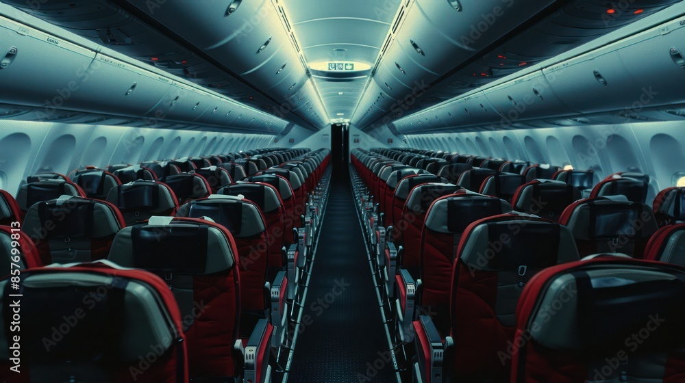 Fototapeta premium Cabin aisle where airplane passengers seat is empty without people. Public transportation background.