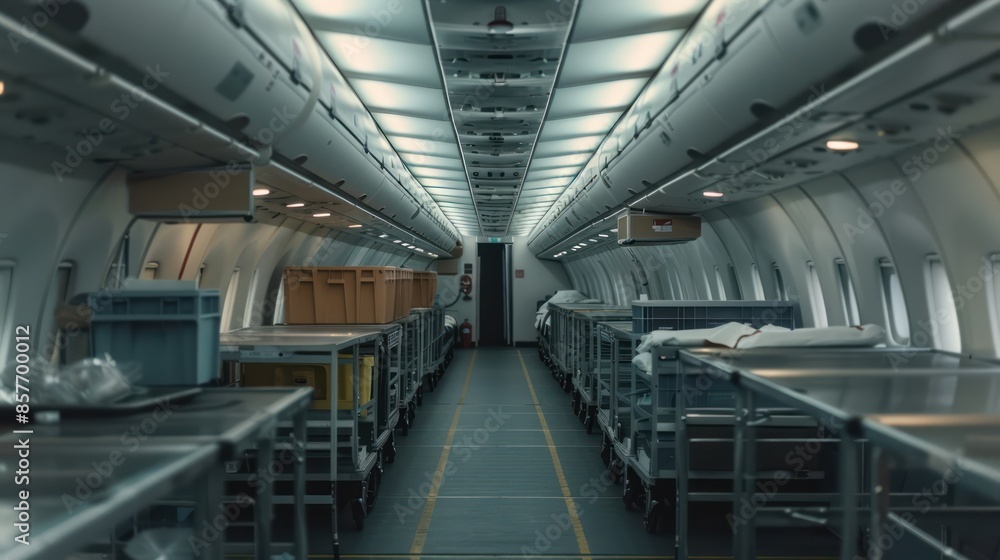 Cargo plane cabin interior with cargo boxes Cargo plane cabin interior with cargo boxes