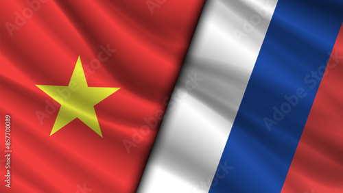 Vector wavy national flags of Socialist Republic of Vietnam and Russian Federation. Friendly relations between countries. Political economic banner.