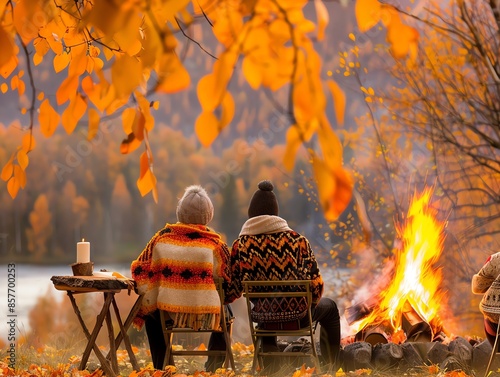 A couple wearing warm sweaters and blankets sits by a campfire in an autumn forest, surrounded by vibrant fall foliage.
 photo