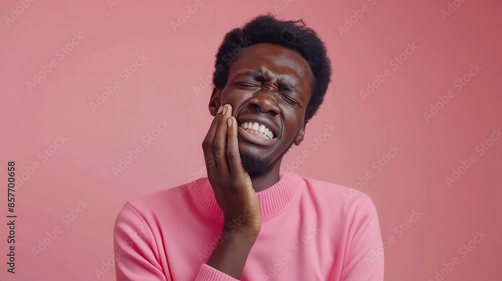 Man with a pained expression holding his cheek in front of a pink background Man with a pained expression holding his cheek in front of a pink background